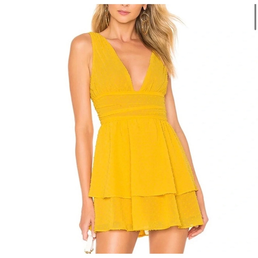 MAJORELLE Revolve Dora Mini Dress in Sunshine Yellow Tiered Size Large Flowy